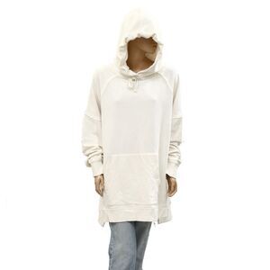 Free People Zoe Hoodie Tunic Top Oversized Ribbed Slouchy Cotton Ivory XL 286643